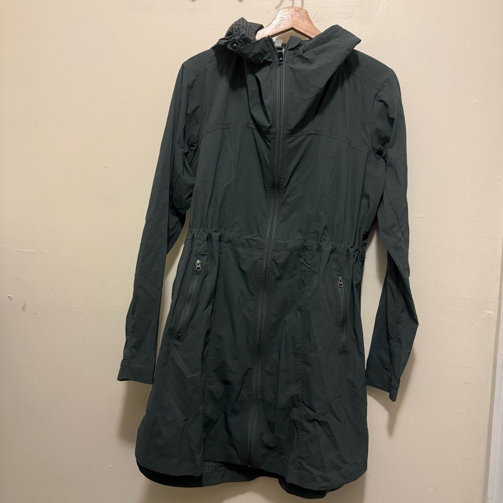 Athleta Overcloud Jacket Womens Navy Hood Nylon Zip Front Pocket Caped Size S - Picture 2 of 10